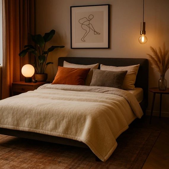 Limitált kiadású, dupla rétegű SPW merinó gyapjú takaró az ágyra terítve – extra meleg, 900g/m² prémium minőségben - életkép