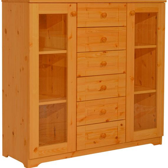 Matrackuckónál - PETRA 2 üvegajtós, 6 fiókos fenyő komód 110x116x40cm cseresznye páccal